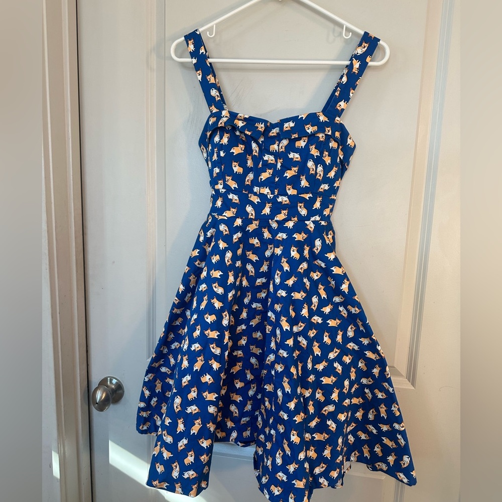 Eva Rose Corgi Print Retro Sleeveles Fit&Flare Tie Waist Sweetheart Neck Dress,M